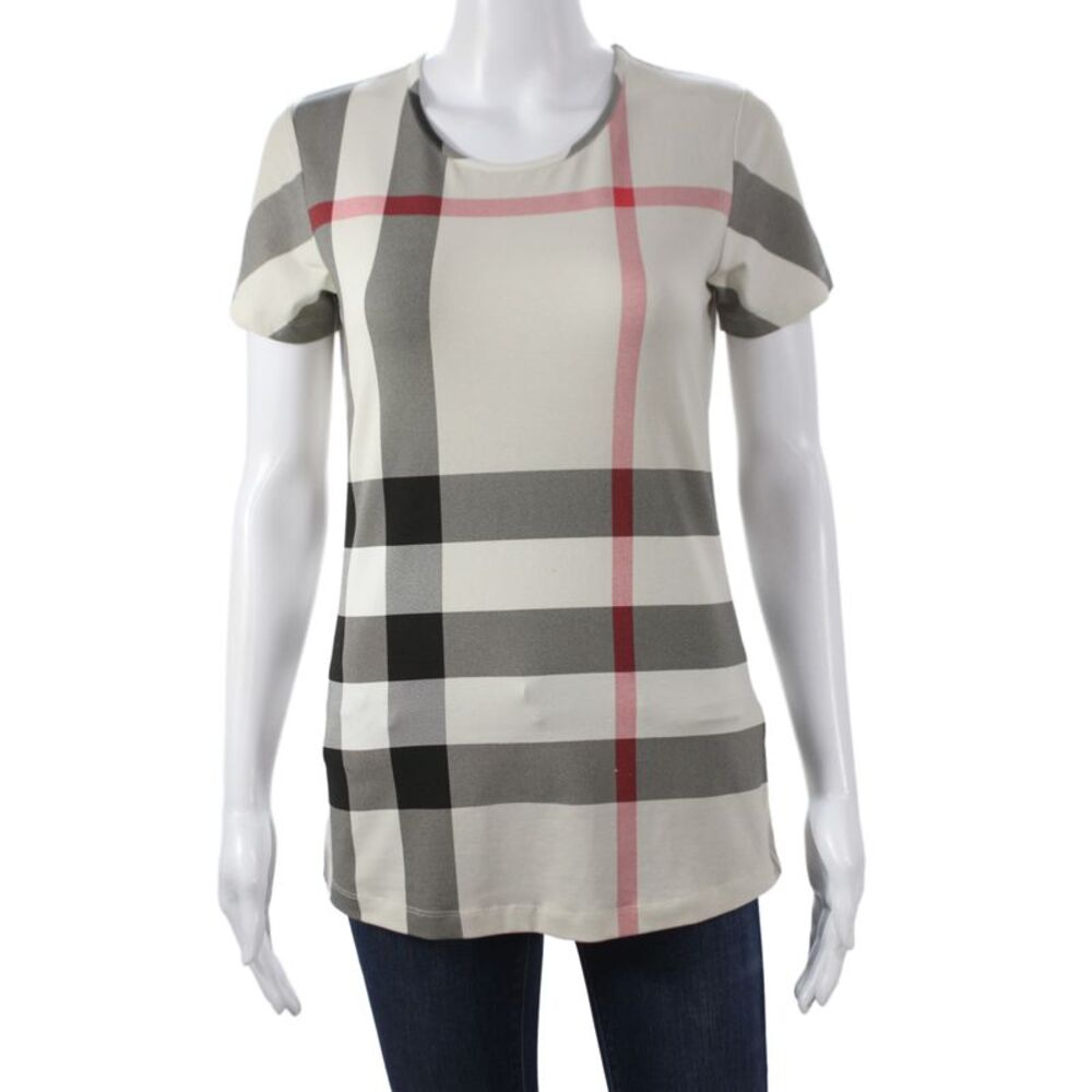Burberry Brit Women Jersey Tee Beige Check Round Neck Short Sleeve Size M